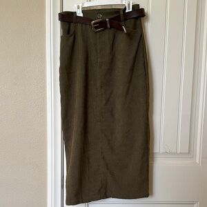 Cider Olive Green Corduroy Midi Pencil Skirt with Belt